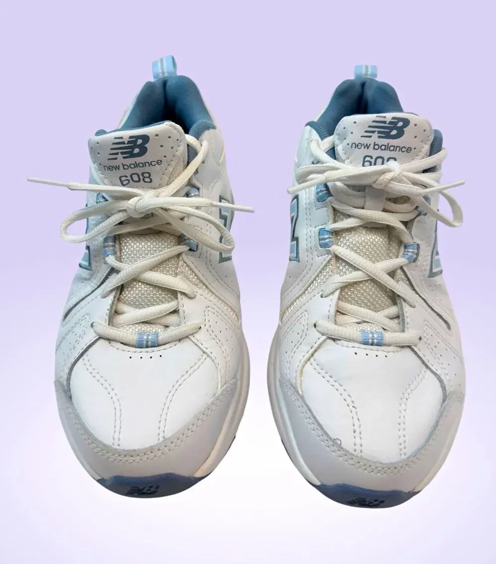 New Balance 608v5 Women’s Leather Lace-Up Low Top Sneakers White/Light Blue